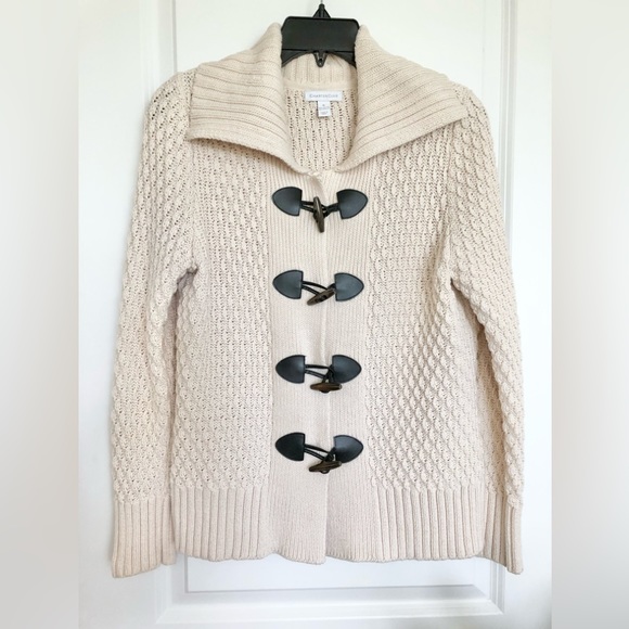 Fisherman Cardigan CHARTER CLUB Sweater Cotton Waffle Knit Toggle Buttons Size M - Picture 1 of 8